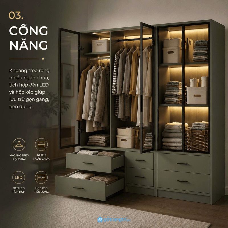 Tủ quần áo tích hợp đèn LED 1 Tủ quần áo kính cường lực đẹp