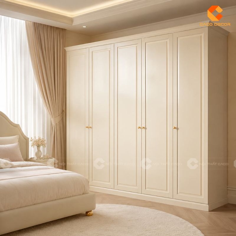Mẫu tủ quần áo 5 cánh màu trắng hiện đại