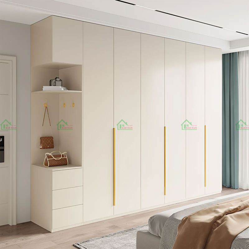 Mẫu tủ quần áo gỗ MDF màu kem đẹp hiện đại