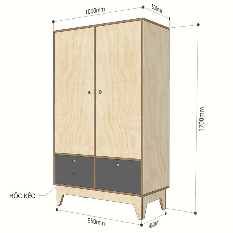 Tủ Quần Áo Plywood 2 Tủ quần áo gỗ plywood kích thước