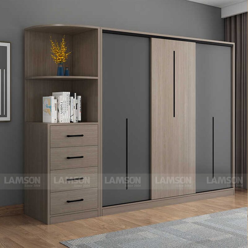 Tủ quần áo MDF màu sơn gỗ tự nhiên, thiết kế tích hợp ngăn kéo