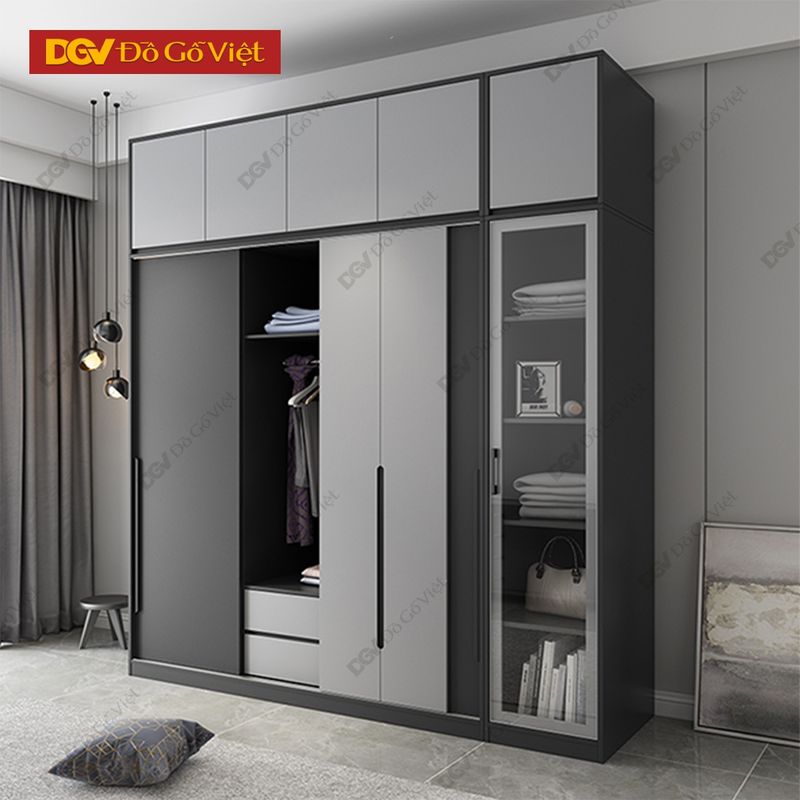 Tủ quần áo MDF cánh trượt kiểu sang trọng, hiện đại, phù hợp với phòng ngủ nhỏ hoặc không gian hạn chế.