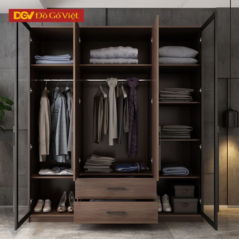 Tủ để quần áo MDF cánh kính mở hiện đại màu nâu đậm đẹp giá rẻ 3