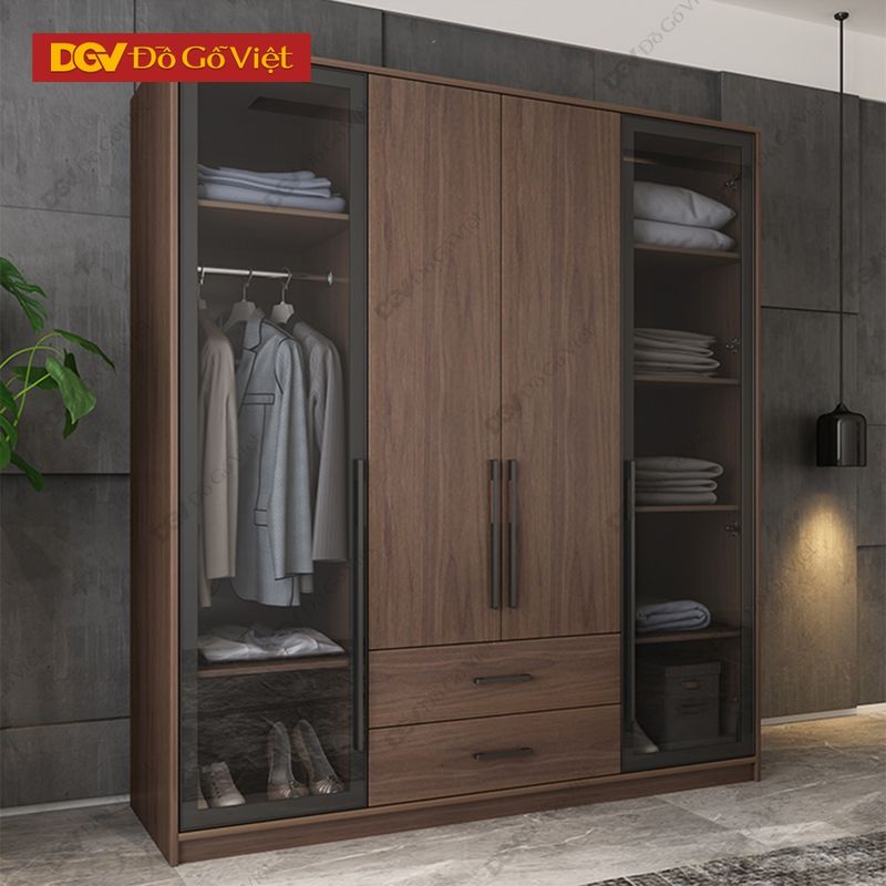 Tủ Áo Gỗ MDF Hiện Đại 2 Tủ đựng quần áo MDF cánh kính mở hiện đại màu nâu đậm đẹp giá rẻ