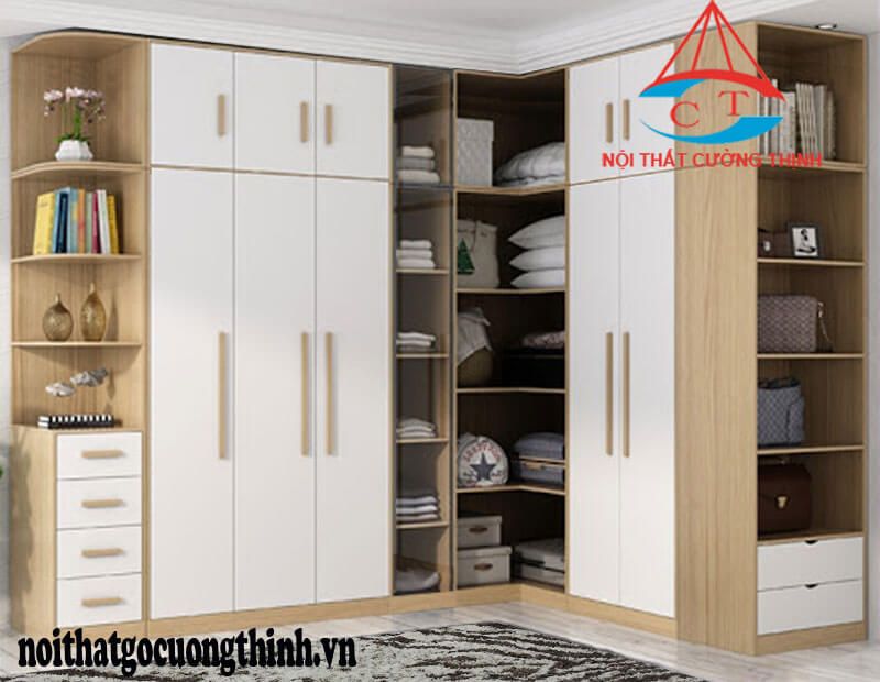 Tủ Quần Áo Chữ L Nhà Phố 2 Tủ quần áo chữ L kết hợp 2 màu trắng vàng