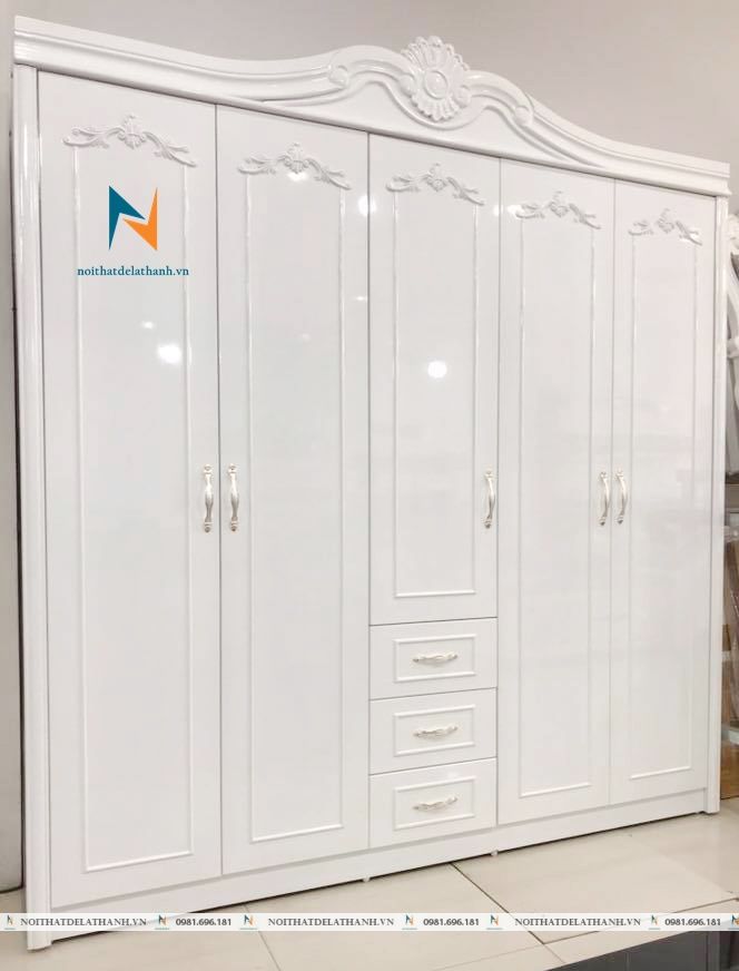 Tủ quần áo gỗ công nghiệp MDF sơn trắng, 5 cánh