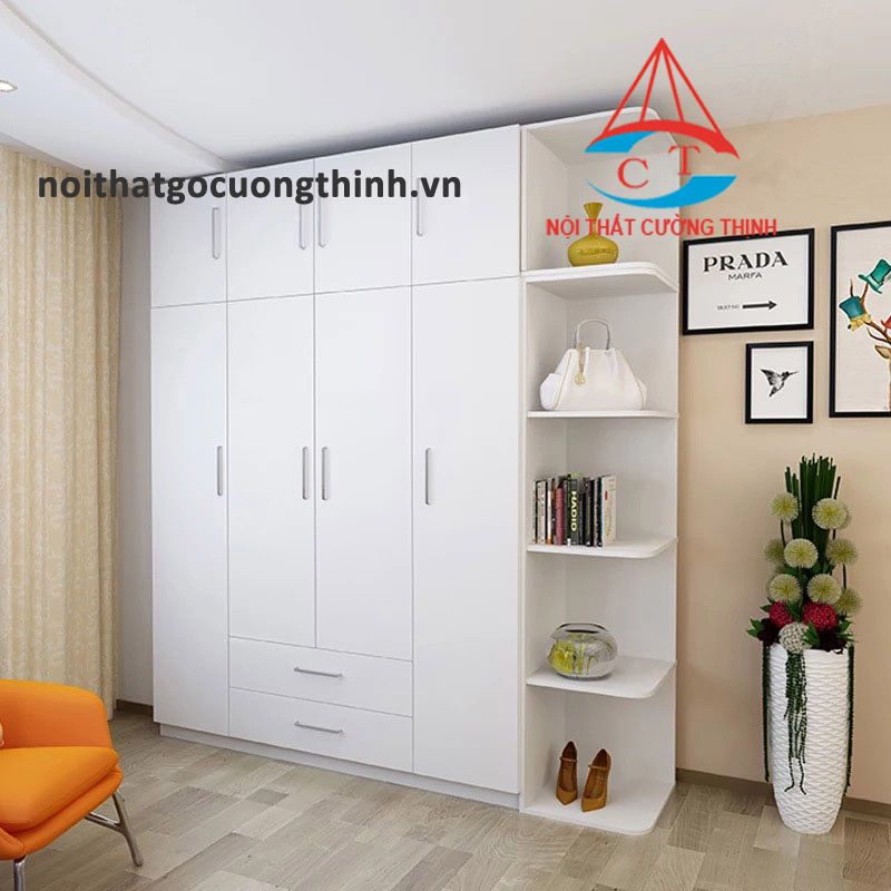 Tủ Quần Áo Gỗ Màu Trắng Đẹp Hiện Đại Có Kệ Trang Trí