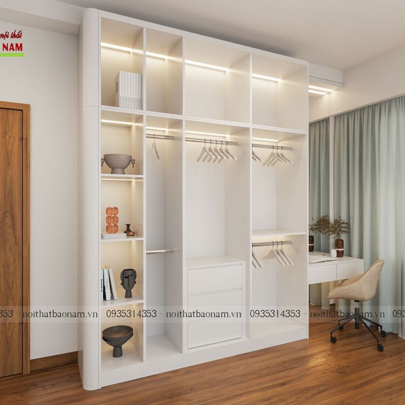 Tủ quần áo gỗ MDF màu trắng đẹp hiện đại