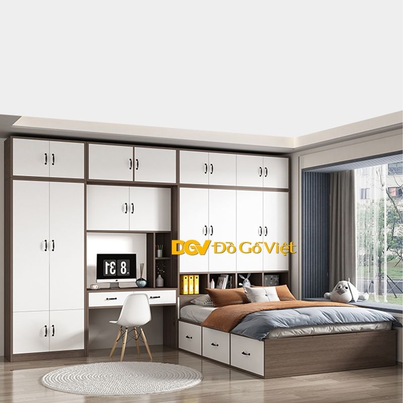 Tủ quần áo kêt hợp giường thông minh không đầu gỗ MDF lõi xanh đẹp