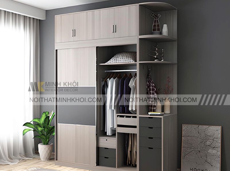 Tủ quần áo MFC màu xám sáng trong phòng ngủ